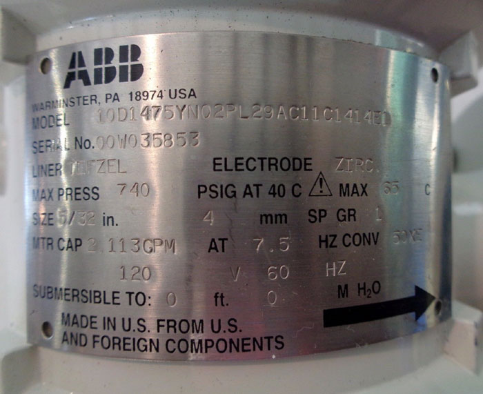 ABB MINI-MAG 1/2" MAGNETIC FLOWMETER, #10D1475YN02PL29AC11C1414E1