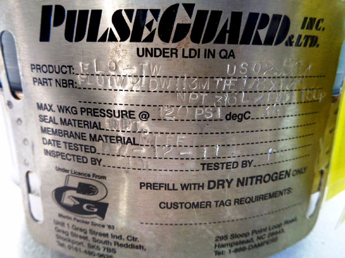 PULSEGUARD INC. HIGH PRESSURE PULSATION DAMPENER FLOTW71DW113MTFE1/8X1/8