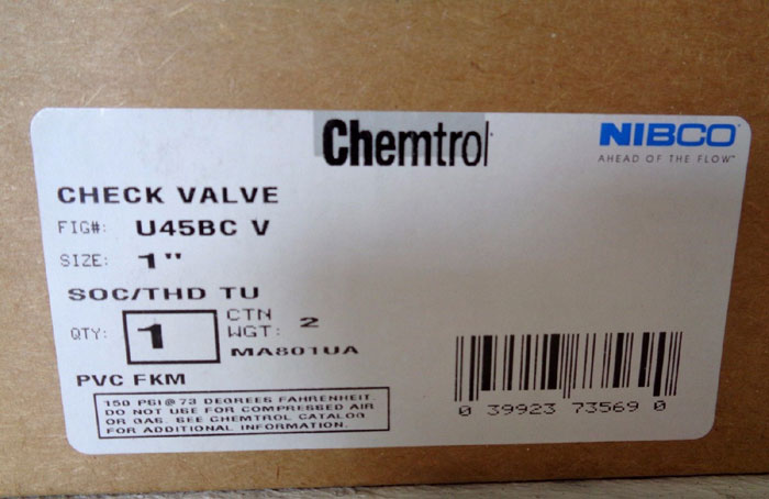 LOT OF (4) CHEMTROL NIBCO PVC FKM 1" CHECK VALVE, FIG#: U45BC-V