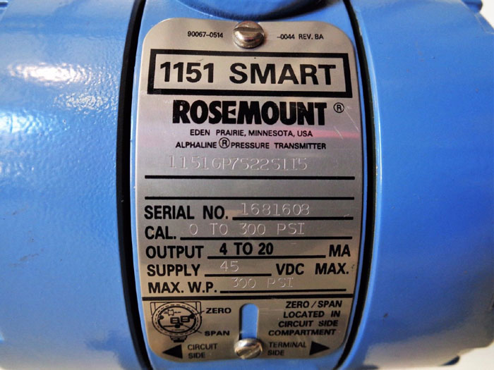 ROSEMOUNT 1151 SMART ALPHALINE PRESSURE TRANSMITTER 1151GP7S22S1I5 w/ DIAPHRAGMS