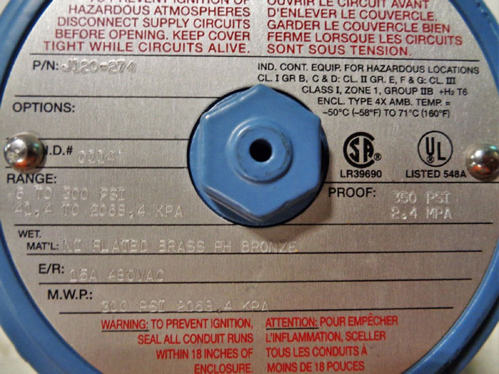 UNITED ELECTRIC J120274 PRESSURE SWITCH