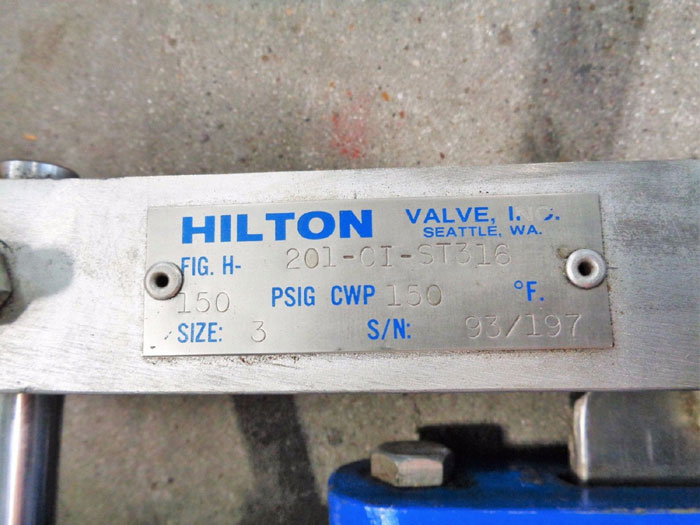 HILTON 3" KNIFE GATE VALVE H-201-CI-ST316  W/ 2 ATLAS AIR CYLINDERS A068894A