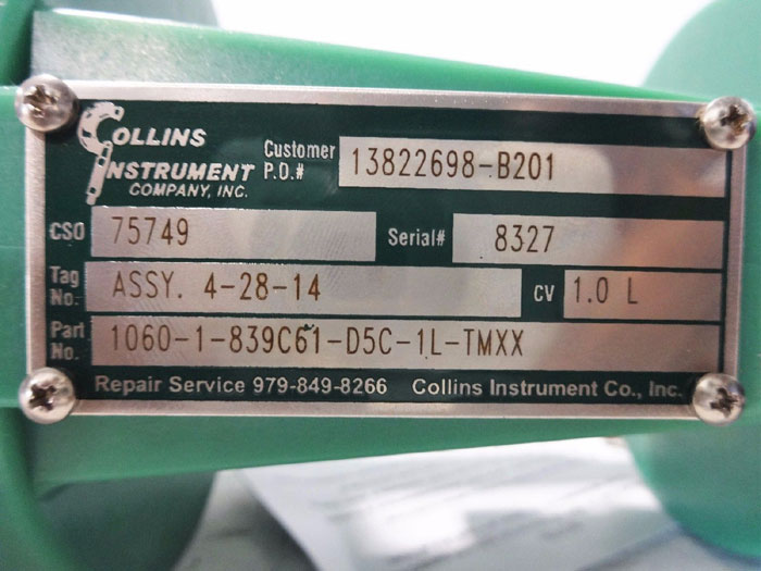 COLLINS INSTRUMENT 1" PLASTIC CONTROL VALVE 1060-1-839C61-D5L-1L-TMXX