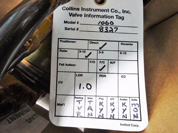 COLLINS INSTRUMENT 1" PLASTIC CONTROL VALVE 1060-1-839C61-D5L-1L-TMXX