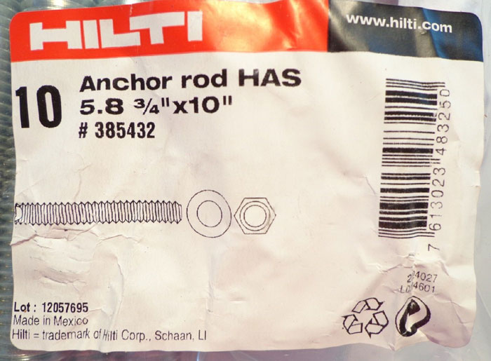 HILTI ANCHOR ROD HAS 5.8 3/4" x 10" - ITEM #385432 (CASE)