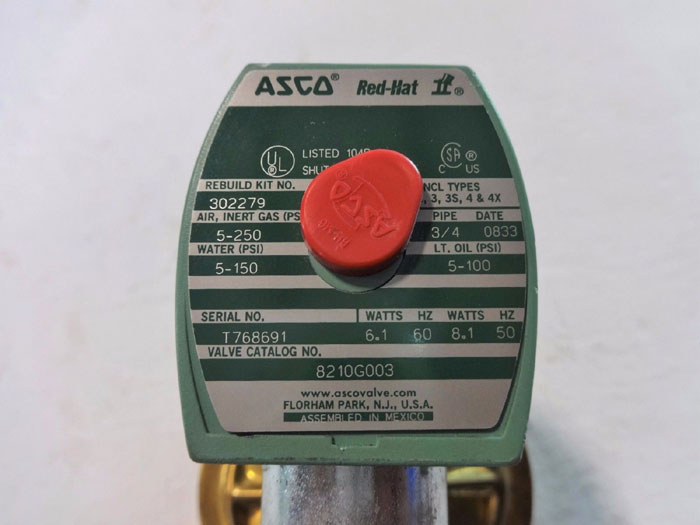 ASCO RED HAT 2-WAY 3/4" BRASS SOLENOID VALVE 8210G003