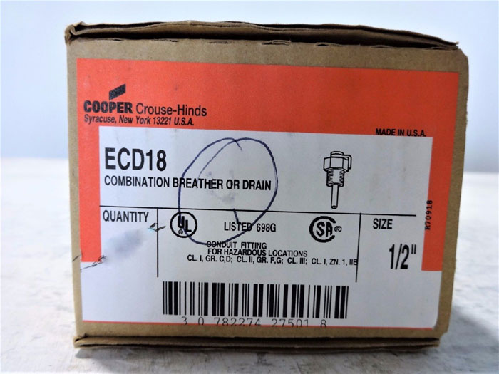 COOPER CROUSE-HINDS 1/2" COMBINATION BREATHER OR DRAIN ECD18