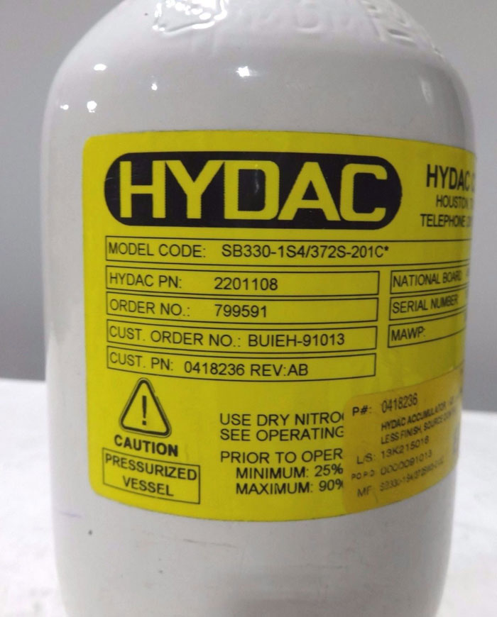 HYDAC 1 QUART BLADDER ACCUMULATOR SB330-1S4/372S-201C* PART 2201108