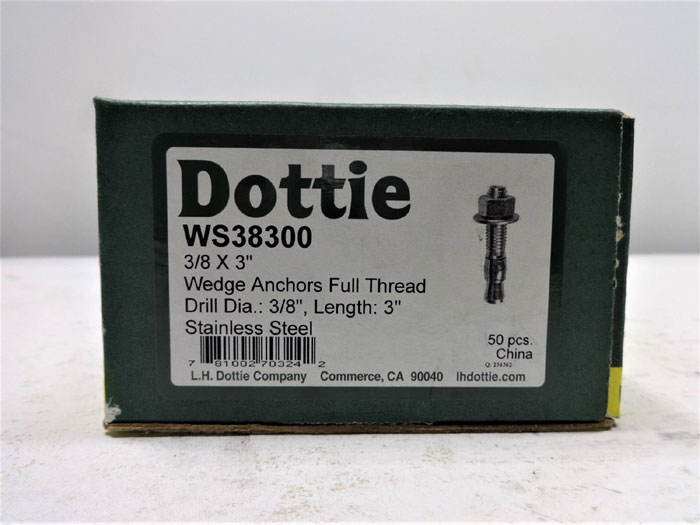 50-PC BOX OF DOTTIE 3/8" x 3" STAINLESS WEDGE ANCHORS, FULL THREAD WS38300