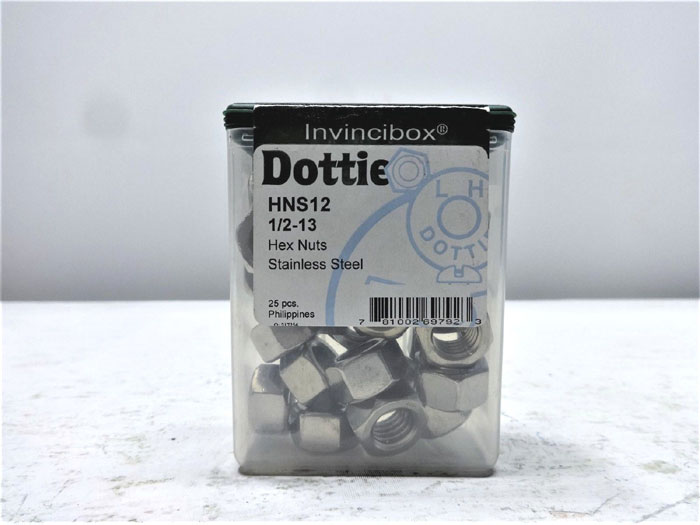 LOT OF (11) 25-PC BOXES DOTTIE 1/2"-13 STAINLESS STEEL HEX NUTS HNS12