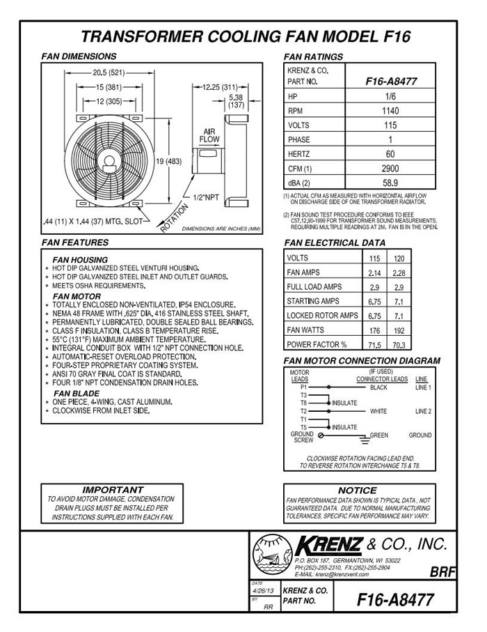 KRENZ & CO. TRANSFORMER COOLING FAN WITH MOTOR, MODEL# F16-A8477