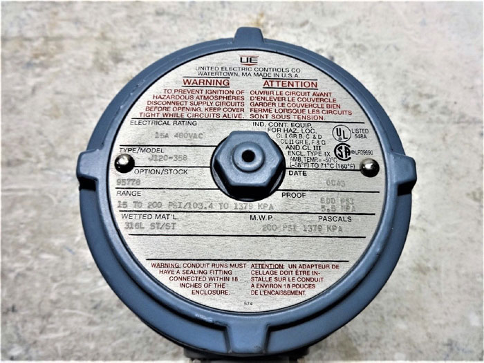 UNITED ELECTRIC PRESSURE SWITCH J120358