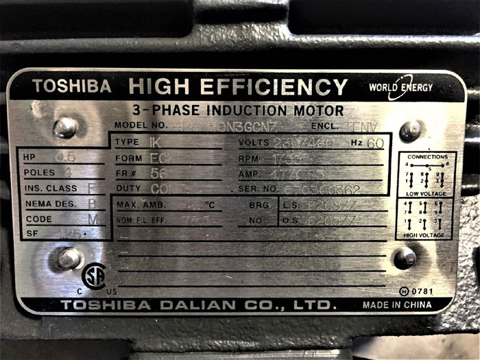 TOSHIBA HIGH EFFICIENCY 3-PHASE INDUCTION MOTOR .5 HP TYPE IK MODEL 4PAX50N3GCNZ