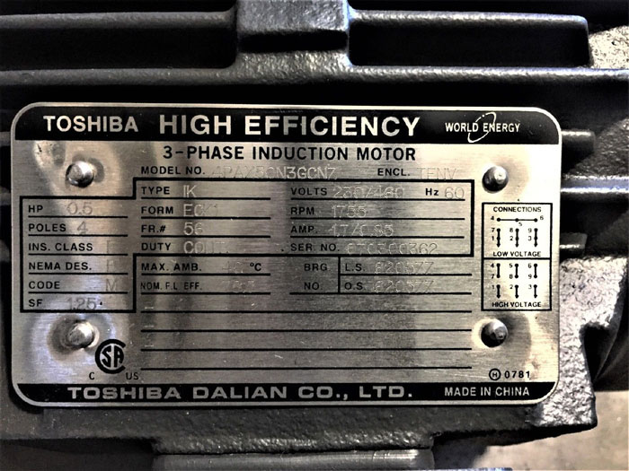 TOSHIBA HIGH EFFICIENCY 3-PHASE INDUCTION MOTOR .5 HP TYPE IK MODEL 4PAX50N3GCNZ