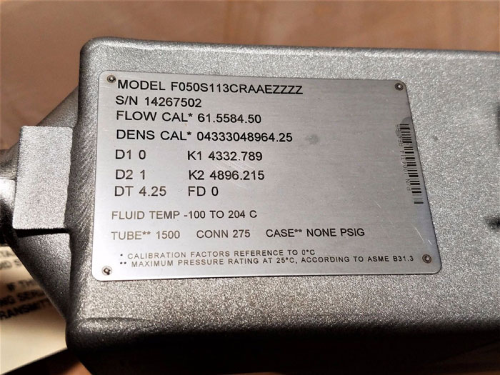 MICRO MOTION MASS FLOW METER 1/2" 150#  F050S113CRAAEZZZZ      (K)