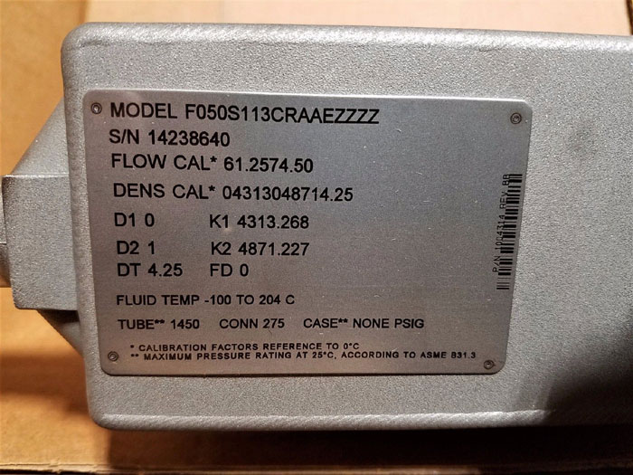 MICRO MOTION MASS FLOW METER 1/2" 150#  F050S113CRAAEZZZZ      (L)