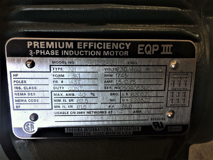 TOSHIBA EQP III 0.5 HP PREMIUM 3-PHASE INDUCTION MOTOR B1/24FLF2AMH