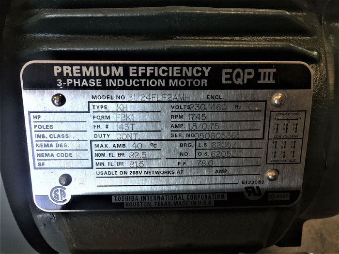 TOSHIBA EQP III 0.5 HP PREMIUM 3-PHASE INDUCTION MOTOR B1/24FLF2AMH