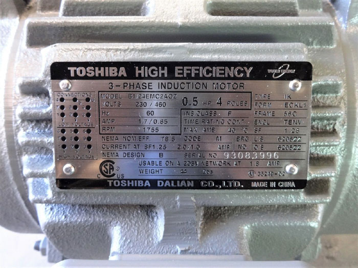 TOSHIBA HIGH EFFICIENCY 0.5 HP 3-PHASE INDUCTION MOTOR B1/24EMC2AOZ