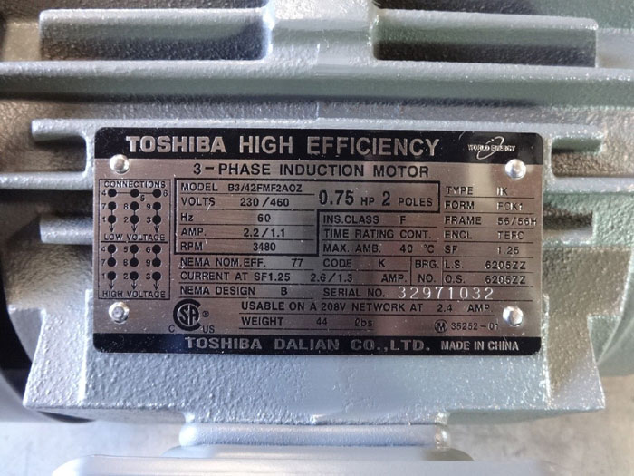 TOSHIBA HIGH EFFICIENCY 0.75 HP 3-PHASE INDUCTION MOTOR B3/42FMF2AOZ