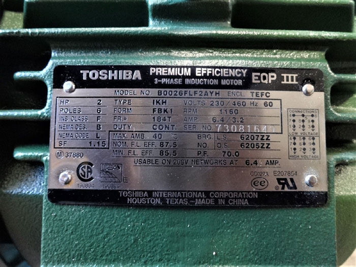 TOSHIBA EQP III PREMIUM EFFICIENCY 2 HP 3-PHASE INDUCTION MOTOR B0026FLF2AYH