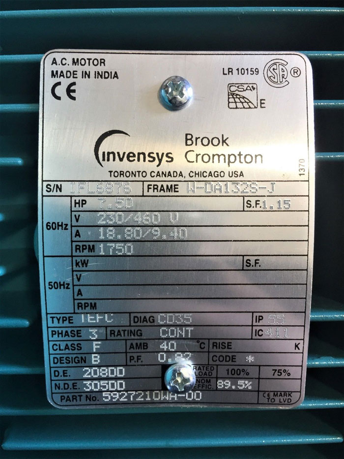 INVENSYS BROOK CROMPTON 7.50 HP AC MOTOR 5927210WA-00