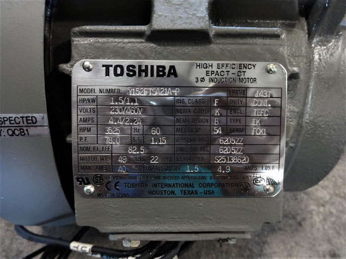 TOSHIBA 1.5 HP HIGH EFFICIENCY EPACT-CT 3-PHASE INDUCTION MOTOR Y152FTSA21A-P