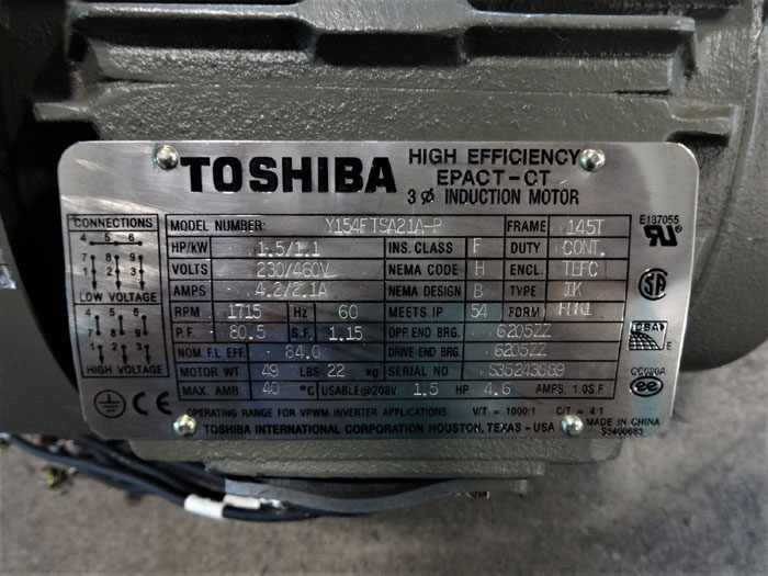 TOSHIBA 1.5 HP HIGH EFFICIENCY EPACT-CT 3-PHASE INDUCTION MOTOR Y154FTSA21A-P