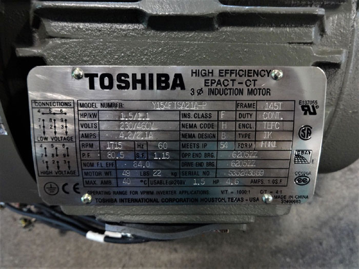 TOSHIBA 1.5 HP HIGH EFFICIENCY EPACT-CT 3-PHASE INDUCTION MOTOR Y154FTSA21A-P