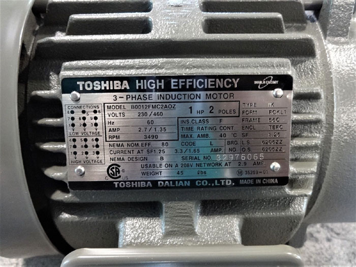 TOSHIBA 1 HP HIGH EFFICIENCY 3-PHASE INDUCTION MOTOR B0012FMC2AOZ