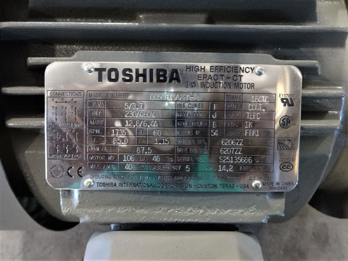 TOSHIBA 5 HP HIGH EFFICIENCY EPACT-CT 3-PHASE INDUCTION MOTOR 0054FTSA22A-P