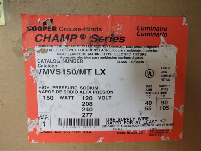 COOPER CROUSE-HINDS CHAMP VMV SERIES LUMINAIRE VMVS150/MT LX WITH COVER APM2
