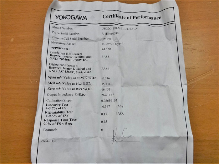 YOKOGAWA ZR22G ZIRCONIA OXYGEN DETECTOR ANALYZER, STYLE S1