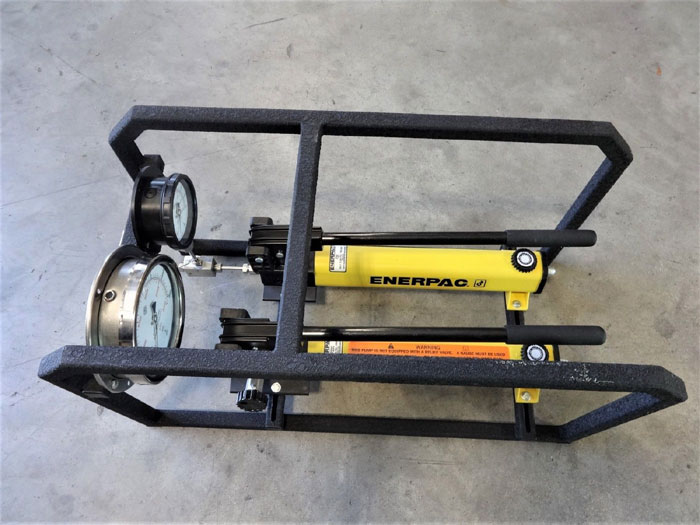 ENERPAC HYDRAULIC HAND PUMPS P391 & P2282 W/ RIVERHAWK FRAME MP-0273 & HARD CASE