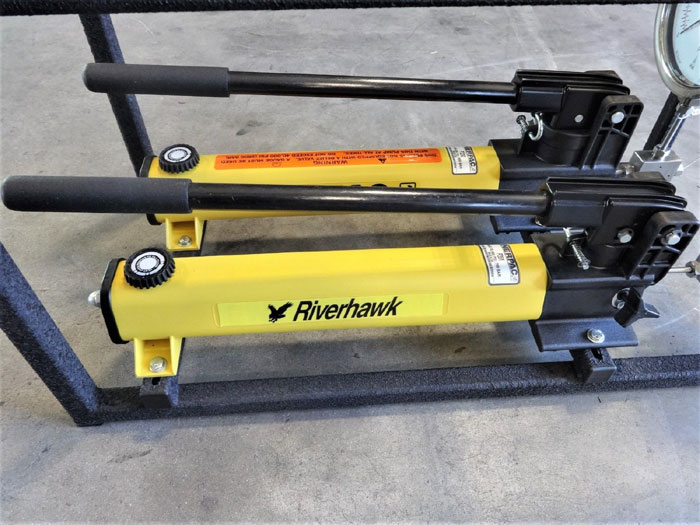 ENERPAC HYDRAULIC HAND PUMPS P391 & P2282 W/ RIVERHAWK FRAME MP-0273 & HARD CASE