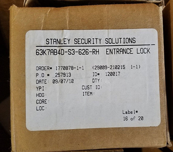 STANLEY CYLINDRICAL ENTRANCE LOCK DOOR HANDLE 63K7AB4D-S3-626-RH