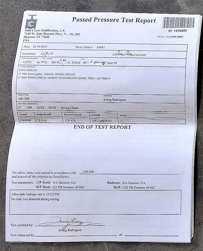 KITZ 4" 300# WCB SWING CHECK VALVE W/ MONEL DISC, SEAT & HINGE & MTR DOCUMENTS