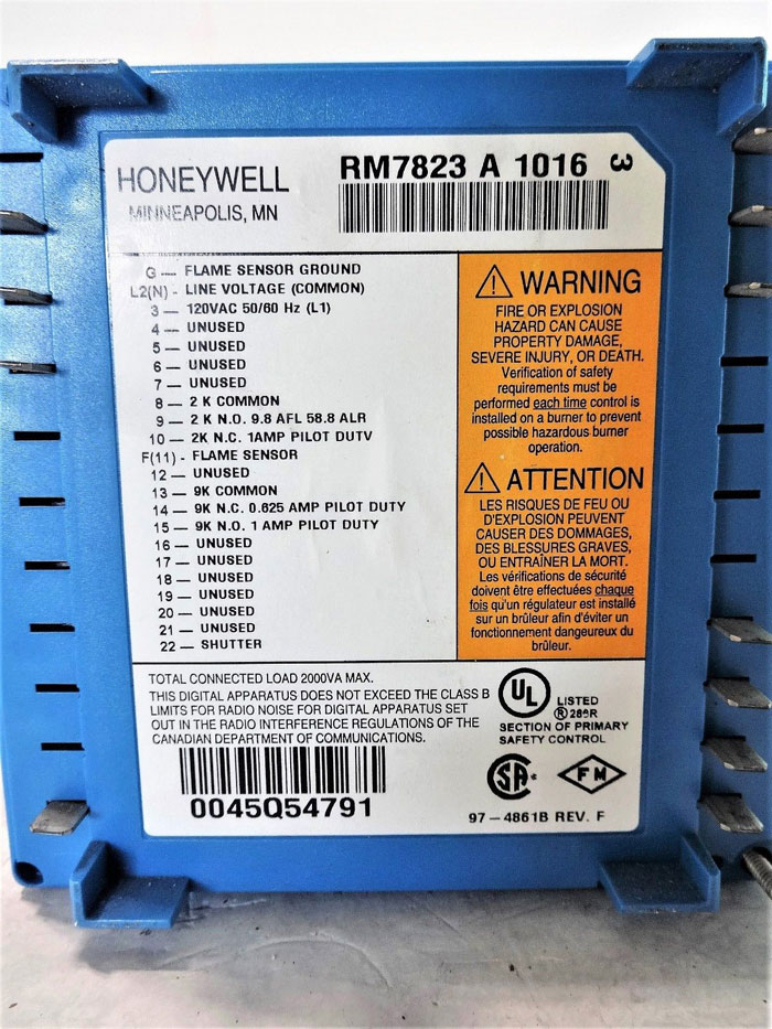 HONEYWELL BURNER CONTROL PRIMARY FLAME SWITCH RM7823 A 1016