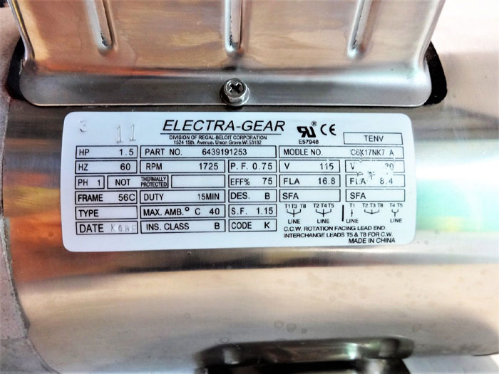 ELECTRA-GEAR MOTOR 1.5 HP, 1725 RPM, 1 PH, PART# 6439191253, MODEL# C6K17NK7 A