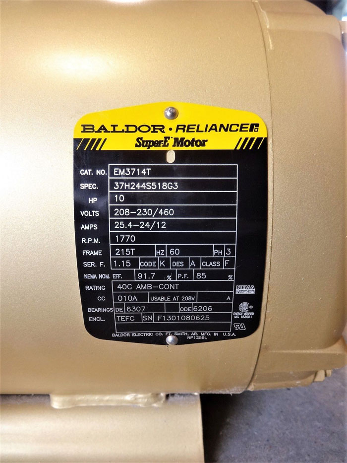 BALDOR RELIANCE SUPER E MOTOR 10 HP, 1770 RPM, CAT# EM3714T, SPEC# 37H244S518G3