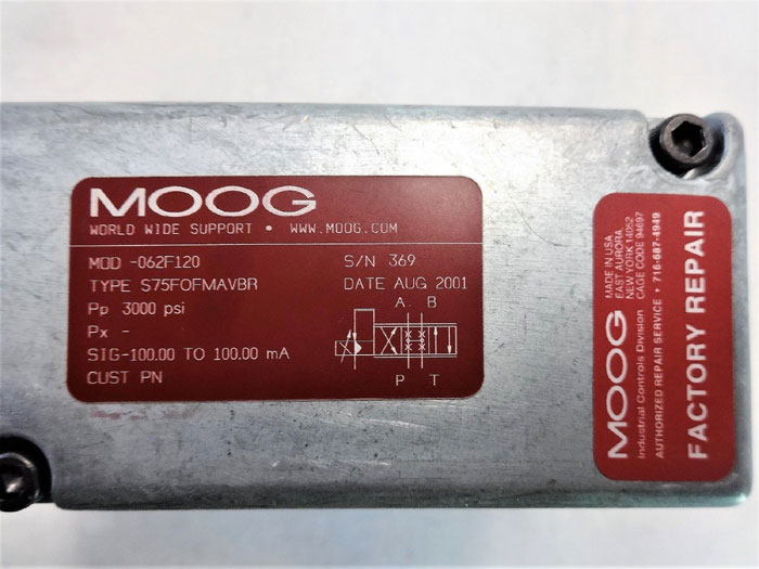 MOOG HYDRAULIC SERVO VALVE, 3000 PSI, MODEL# -062F120, TYPE# S75FOFMAVBR