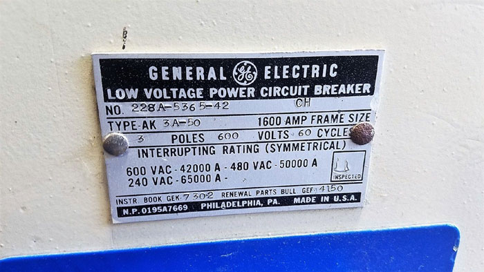 GE GENERAL ELECTRIC AK 3A-50 LOW VOLTAGE POWER CIRCUIT BREAKER 228A-5365-42