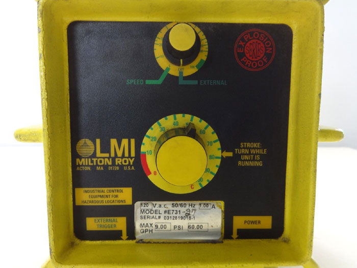 LMI Milton Roy E731-27 Metering Pump, 9.00 GPH, 60 PSI, Explosion Proof Series