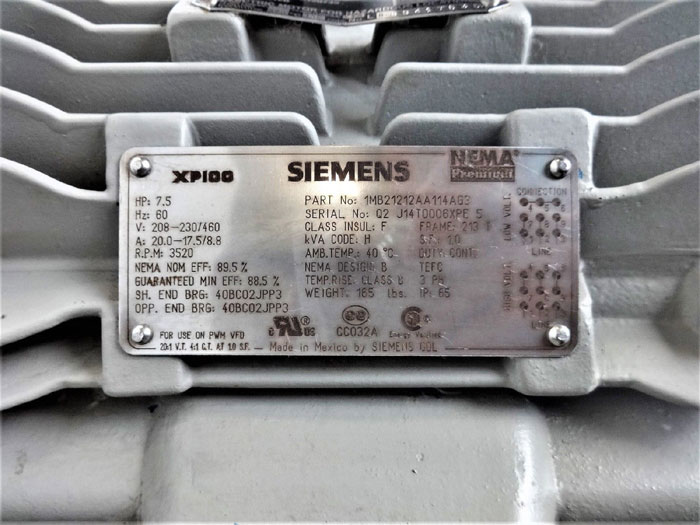 Siemens XP100 NEMA Premium Motor, 1MB21212AA114AG3, 7.5HP, 3520RPM, 3-Phase