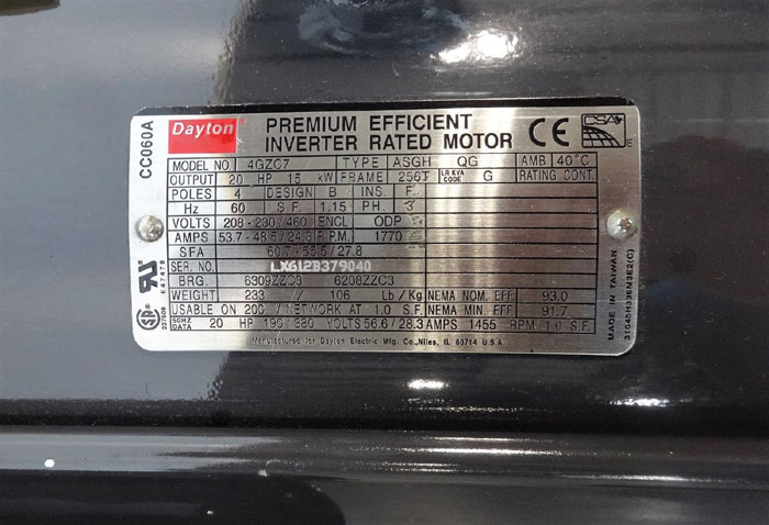 Dayton 4GZC7 Premium Efficient Inverter Rated Motor, Type ASGH QG, 20HP