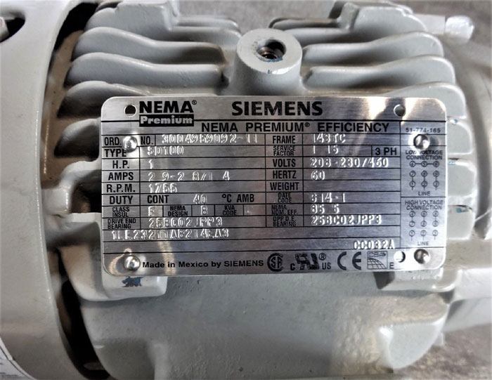Siemens Type SD100 NEMA Premium Efficiency Motor 1LE23211AB214EA3, 1HP, 1755RPM