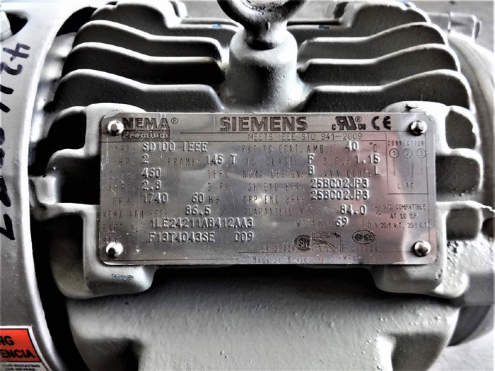 Siemens 2 HP NEMA Premium Motor, Type SD100 IEEE, 1LE24211AB412AA3