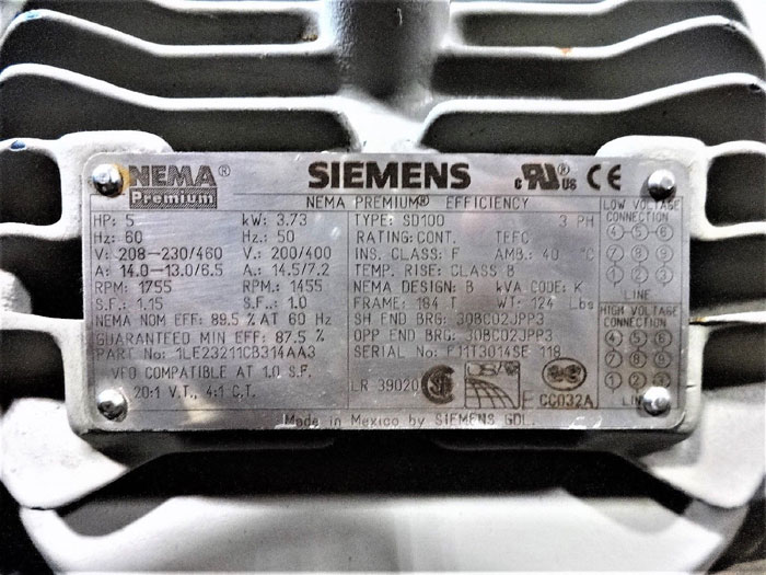 Siemens 5 HP NEMA Premium Efficiency Motor, Type SD100, 1LE23211CB314AA3