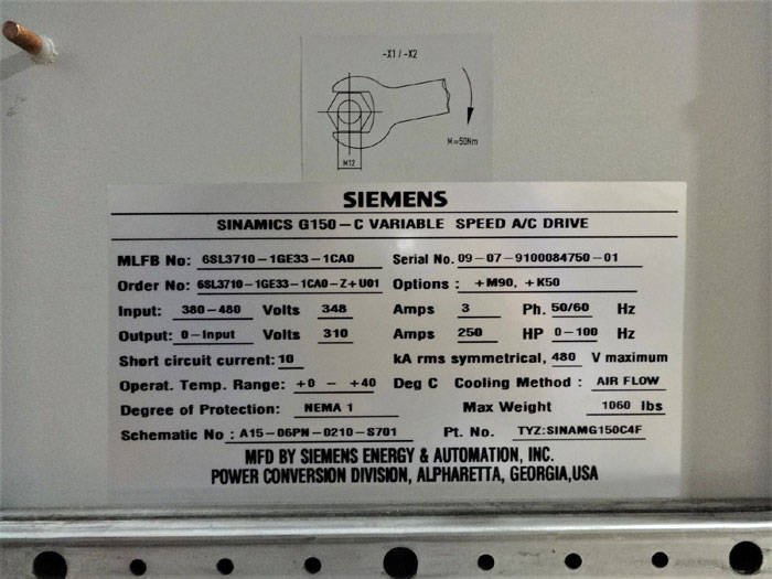 SIEMENS SINAMICS G150-C VARIABLE SPEED A/C DRIVE MLFB# 6SL3710-1GE33-CA0