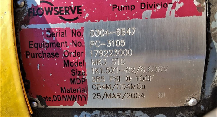 Flowserve Durco Mark 3 Centrifugal Pump, MK3 STD, 1K1.5X1-82/6.63RV, CD4M Mat'l